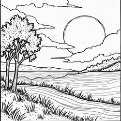 Coloriage Coucher de soleil au bord d'un lac paisible