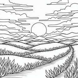 Coloriage Coucher de Soleil sur un chemin entre les collines