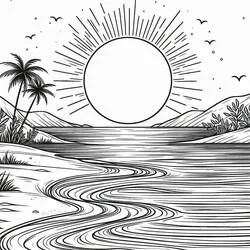 Coloriage Coucher de soleil sur l'océan avec palmiers