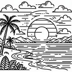 Coloriage Soleil rayé entre montagnes et palmier penché