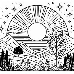 Coloriage Coucher de soleil avec montagnes et végétation