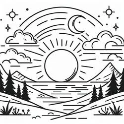 Coloriage Coucher de soleil entre les montagnes