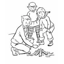 Coloriage Enfants allumant un feu de camp