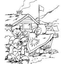 Coloriage Feu de camp avec deux enfants chantant devant un chalet