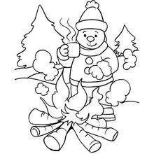Coloriage Ours se réchauffant près d'un feu de camp