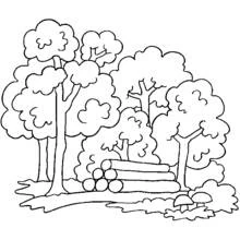 Coloriage Forêt avec bûches empilées et champignons