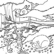 Coloriage Deux enfants elfes avec un faon et un écureuil volant dans la forêt