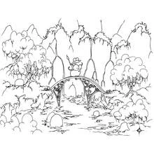 Coloriage Petite chouette gardant un pont orné en forêt