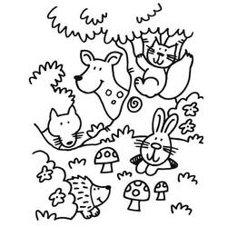 Coloriage Animaux de la forêt mignons réunis sous un arbre