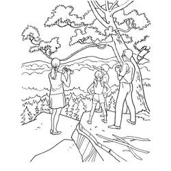 Coloriage Famille observant le paysage dans la forêt
