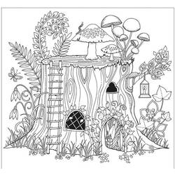 Coloriage Maison dans une souche d'arbre en forêt