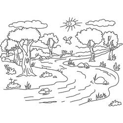 Coloriage Rivière traversant la forêt
