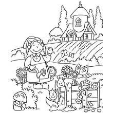 Coloriage Fillette arrosant les fleurs dans le jardin