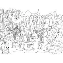 Coloriage Jardin de légumes aux visages rigolos