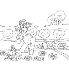 Coloriage Jardinier agenouillé près d'un escargot dans le potager