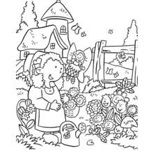 Coloriage Fillette et fée dans un jardin fleuri