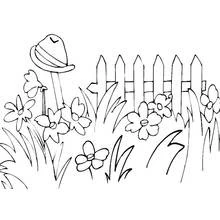 Coloriage Jardin avec clôture, fleurs et chapeau sur un bâton