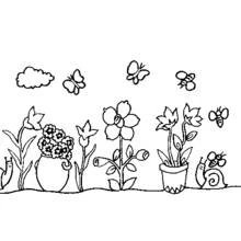 Coloriage Jardin avec fleurs, papillons et escargots
