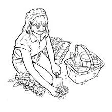 Coloriage Femme plantant des fleurs au jardin