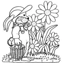 Coloriage Lapin au panier parmi les fleurs du jardin