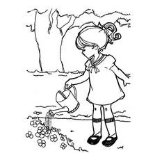 Coloriage Petite fille arrosant les fleurs au jardin