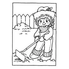 Coloriage Poupée de chiffon jardinant avec une binette