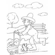 Coloriage Jardinier tondant la pelouse