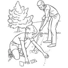 Coloriage Père et fils plantant des graines au jardin