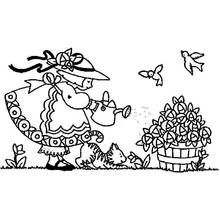 Coloriage Fillette arrosant les fleurs dans le jardin