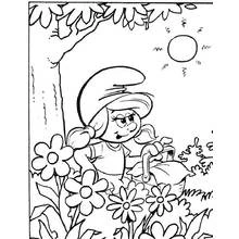 Coloriage Schtroumpfette jardinant parmi les fleurs