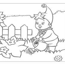 Coloriage Oui-Oui arrose les fleurs du jardin