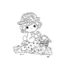 Coloriage Petite fille au chapeau de paille cueillant des fleurs