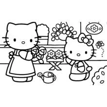 Coloriage Hello Kitty au jardin avec une amie