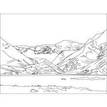 Coloriage Chaîne de montagnes entourant un lac paisible
