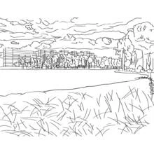 Coloriage Lac bordé de bâtiments et d'arbres au loin