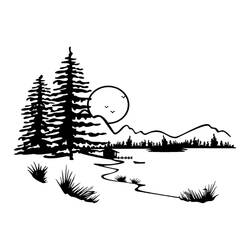 Coloriage Lac entouré de sapins et de montagnes