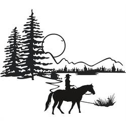 Coloriage Cavalière à cheval près d'un lac de montagne
