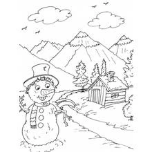 Coloriage Bonhomme de neige près d'un chalet en montagne