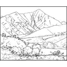 Coloriage Chaîne de montagnes avec vallée et buissons