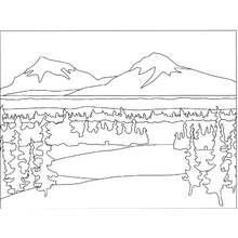 Coloriage Chaîne de montagnes avec forêt de sapins et lac