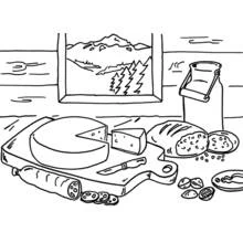 Coloriage Montagne encadrée avec plateau de fromage et pain