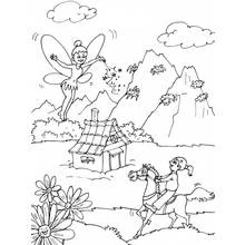 Coloriage Fée survolant un chalet de montagne