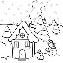 Coloriage Maison enneigée avec bonhomme de neige et sapins