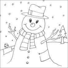 Coloriage Bonhomme de neige souriant avec chapeau et écharpe