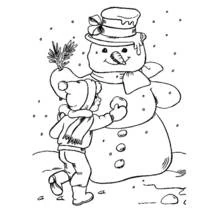 Coloriage Enfant construisant un bonhomme de neige avec un chapeau haut