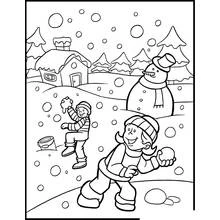 Coloriage Enfants faisant une bataille de boules de neige