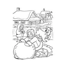 Coloriage Enfants roulant une boule de neige avec leur chien