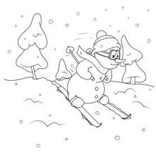 Coloriage Bonhomme de neige sur skis dévalant une pente