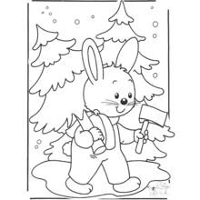 Coloriage Lapin qui marche avec une hache dans la forêt enneigée