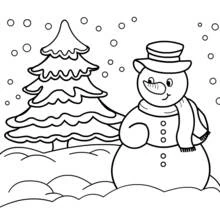 Coloriage Bonhomme de neige près d'un sapin